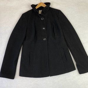 Women Black Old Navy Pea Coat Ruffle Collar Large Button Pockets Sz. MEDIUM TALL